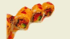 Spicy Girl Roll · Shrimp tempura and avocado inside. Topped with spicy tuna, jalapeño, and masago. Served with...