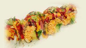 Cowboy Roll · Shrimp tempura and spicy tuna inside. Topped with tuna, salmon, yellowtail, and avocado. Ser...