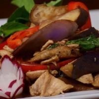 #46. Pad Egg Plant Krapraw · Crushed garlic, egg plant, bell pepper, sweet basil leaves, and your choice of chicken, pork...