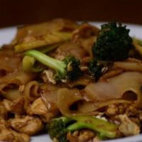 #63. Pad See-Ewe · Soy sauce noodle. Wide steamed rice noodles with broccoli, egg, and soy sauce.
