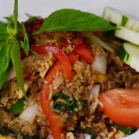 #71. Basil Fried Rice · Fried rice with fresh basil leaves, onion, egg, and bell pepper.