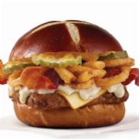Pretzel Bacon Pub Cheeseburger · A quarter-pound* of fresh, never-frozen beef, warm beer cheese sauce, Applewood smoked bacon...