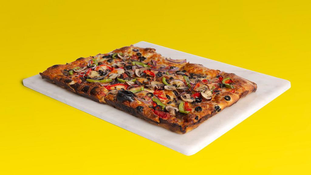 Vegetable Pizza · Marinara, mozzarella, mushrooms, onions, olives, and bell peppers.