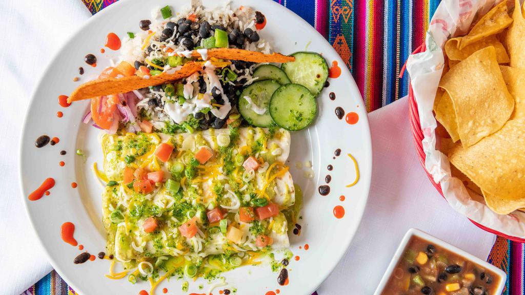 Susu'S Enchiladas · Flour tortillas filled with shredded chicken sautéed with onions, sweet peppers, green chili, cream cheese, cheddar cheese, and salsa verde. Served with black beans and rice.
