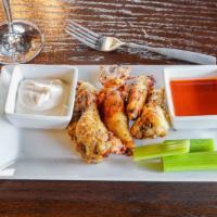 Wings · Chicken wings with two choices of BBQ, Buffalo, Ranch, or Honey Mustard for dipping.