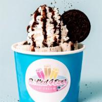 Monster Attack · Vanilla base with oreo cookie. Topped with whipped cream, oreo cookie crumbs, chocolate driz...