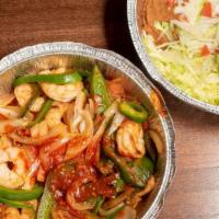 Shrimp Fajitas · Grilled shrimp with bell peppers and onions. Served with guacamole salad, sour cream, tomato...