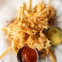 Crispy Tempura Chicken Tenders · on a bed of french fries with house-made hickory and dijon sauce