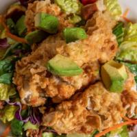 Club Salad · house greens, chopped egg, bacon, avocado, crispy tempura chicken tenders