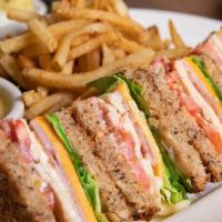 4241 Club (Available During Lunch Only) · Chicken, ham, cheddar, jack cheese, bacon, lettuce, tomato, and mayo on multi grain wheat. C...