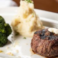 Filet Mignon · Center cut, paired with steamed broccoli and mashed potatoes.