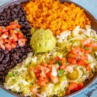 Peasant Plate · Baja rice, black or pinto beans and guacamole salad (shredded lettuce, pico de gallo and gua...