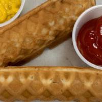  Waffle Dogs · Two All Beef Waffle dogs add house made chili dog sauce and cheese