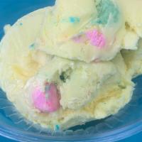 Krazy Kookie Dough · Cake batter ice cream with sugar cookie dough pieces in bright shades of green, blue and pink.