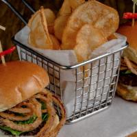 Chima Sliders With Chips · Certified Angus beef top sirloin patties, fresh spinach, garlic lemon aioli and onion string...