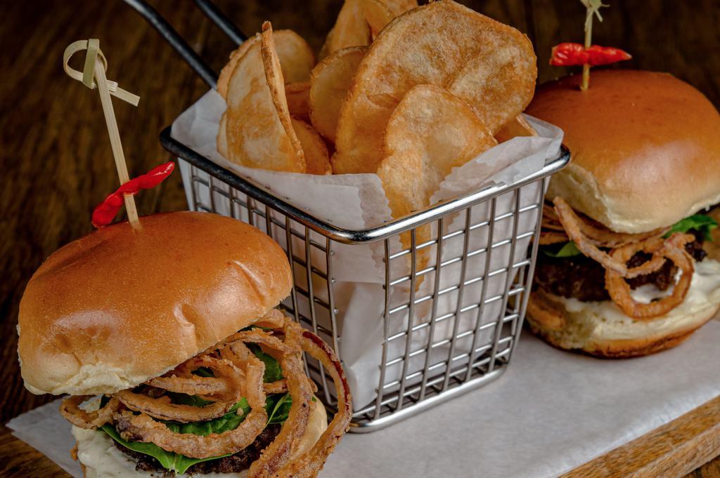 Chima Sliders With Chips · Certified Angus beef top sirloin patties, fresh spinach, garlic lemon aioli and onion strings. Served with chips.