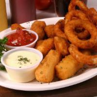 Appetizer Sampler · Two mozzarella sticks, two chicken fingers, two jalapeño poppers and onion rings.