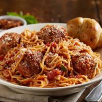 Spaghetti Homemade Meatballs · Come with homemade meatballs, meat sauce Served with a salad and garlic bread.