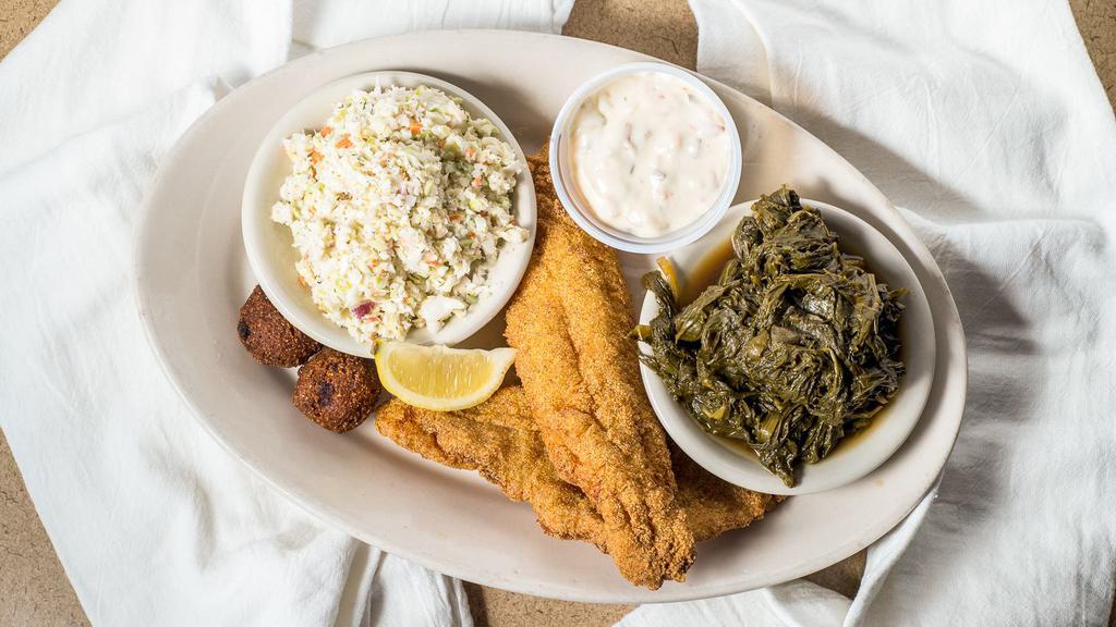 Catfish · Two filets  fried or grilled ; served with two sides, hush puppies and tartar sauce.