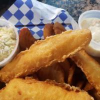 Fish & Chips · Three fried cod filets served with fries.