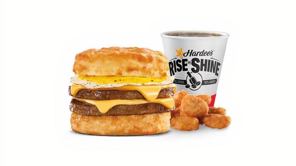Ultimate Sausage Biscuit Combo · The Ultimate Sausage Biscuit  includes two grilled sausage patties, two slices of American cheese and a freshly cracked egg on our Made from Scratch™ Biscuit.  Served with a small drink and small hash rounds..