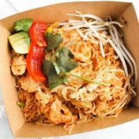 Pad Thai (Chicken & Shrimp) · Can be made Gluten-free upon request (by leaving out the peanuts). Spice can be added upon r...