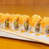 Dancing Dragon Roll · Shrimp tempura and avocado, topped with spicy crab meat.