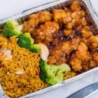 General Tso'S Chicken · Chunks of chicken stir-fried with chefs spicy hot sauce and steam broccoli. with white rice.