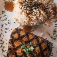Grilled Salmon · Grilled salmon with teriyaki glaze served with rice & house salad.