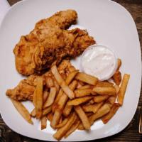 Chicken Tenders · Three pieces. Served with a canned drink and French fries.