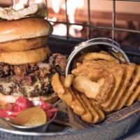The Smokehouse · All beef patty, pit smoked pulled pork, BBQ brisket, bourbon brown sugar BBQ Sauce, donkey s...