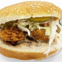Bj Hot Chicken Sandwich · Comes with two tenders, cole slaw and pickles, BJ sauce, one side and one drink. We carry Co...