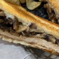Grilled Chicken Melt · Marinated and grilled chicken breast, add sautéed mushrooms and provolone cheese, then stack...