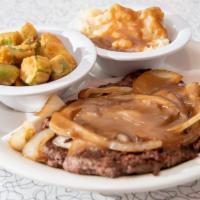 A Shiny Diner Classic Hamburger Steak · A hand-pattied 2/3 pound, fresh choice beef hamburger steak, grilled fresh and covered with ...