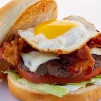 Rise ‘N Shine Burger · Fried Egg, Crispy Bacon, Lettuce, Tomato, American Cheese and Mayo