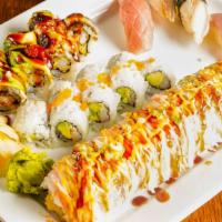 Poseidon Roll (10 Pcs) · Lobster, shrimp tempura, masago, scallions, cucumber, spicy mayo, scallops, topped with crab...
