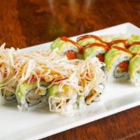 Charlotte Roll (8 Pcs) · Shrimp tempura and cream cheese, topped with avocado and tuna, finished with crab salad.