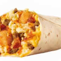Ultimate Meat & Cheese Burrito · Served with egg, sausage, bacon, cheese, zesty cheese sauce and 4 tots.