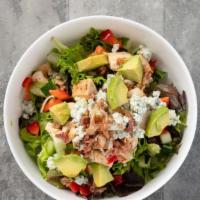 Blue Cobb · Organic field greens, all natural freshly roasted chicken breast, fresh avocado, crumbled bl...