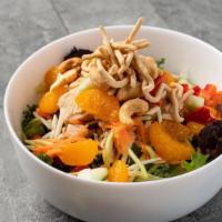 Asian Chicken Salad · Super greens, roasted all-natural chicken breast, carrots, mandarin oranges, cucumbers, red ...