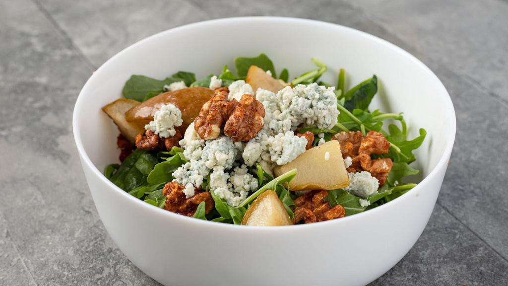 Pear & Arugula · Arugula and baby spinach, roasted bartlett pears, danish bleu cheese, sweet and spicy walnuts, with citrus vinaigrette
