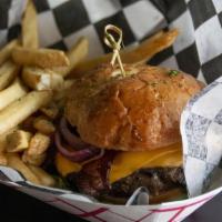 Bourbon Glaze Burger · House burger, slices of apple wood smoke bacon, grilled onions, cheddar cheese, topped with ...