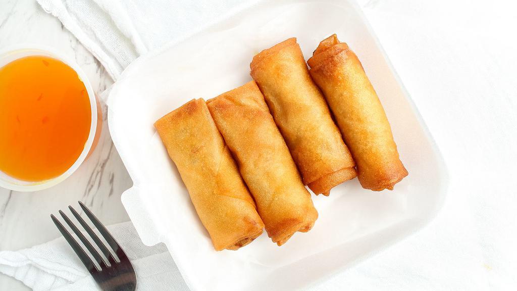 Spring Rolls (3 Deep Fried) · Deep fried spring rolls filled with chicken, clear noodles, mixed vegetables. Served with Thai sweet and sour sauce.