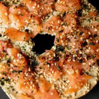 Lox Juice/Smuice Bagel Combo · Toasted everything bagel, whipped avocado cream cheese, smoked salmon, nori flakes, and toas...