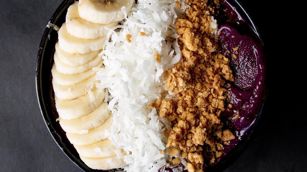 Acai · Blueberry, strawberry, banana, acai, pineapple, almond, milk, agave, topped with granola, coconut, and banana. 630 calories.