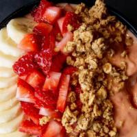 Strawberry Chia · Strawberry, chia seeds, mango, Greek yogurt, almond milk, agave, topped with granola, strawb...