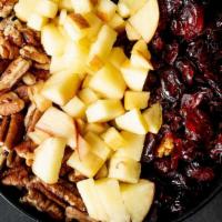 Orchard Harvest · Almond milk, apple juice, cinnamon, topped with diced apples, dried cherries, pecans, and gr...