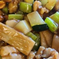 Kung Pao Chicken · Spicy. Dark meat chicken with celery, zucchini, water chestnut, bamboo shoot in spicy brown ...