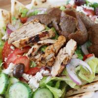 Mix Grill Chef Salad · Greek or Tabuleh salad serve with (gyro and chicken), and pita bread.