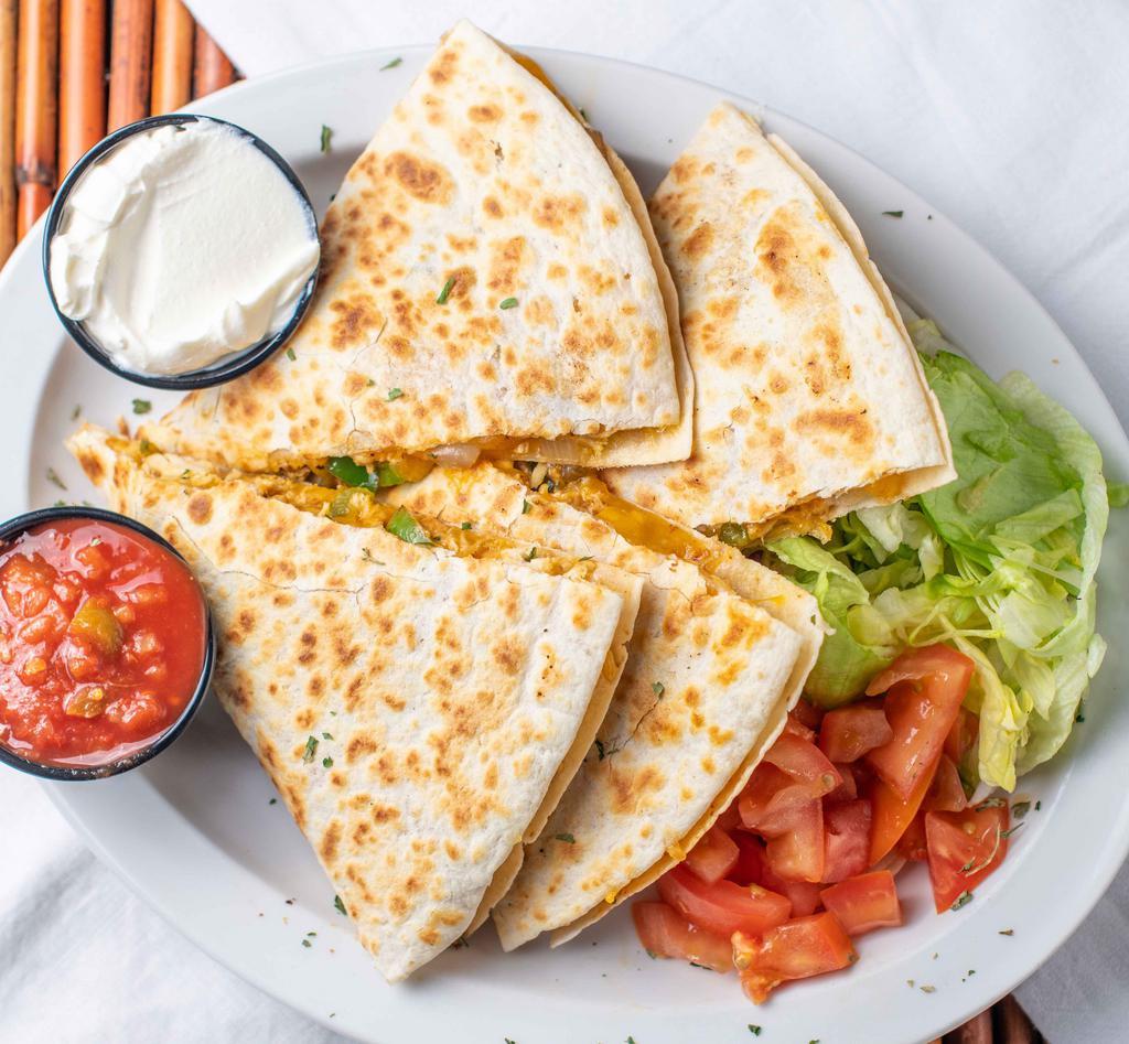 Southwest Quesadilla · Jumbo grilled flour tortilla stuffed with chicken, cheese, pepper and onion. Comes with Salsa and sour cream.